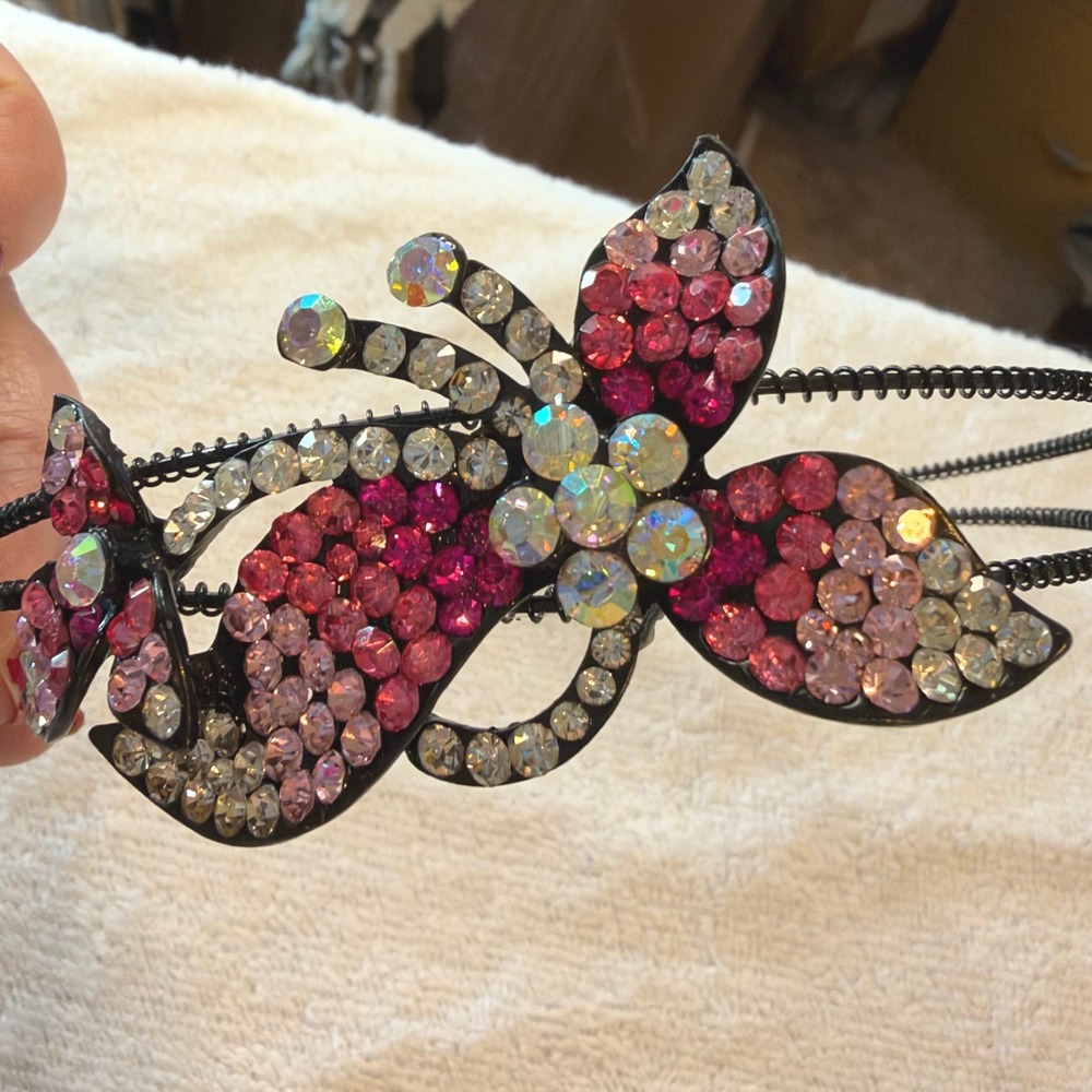 Headband Pink Rhinestone Butterfly Double Wire Band OS